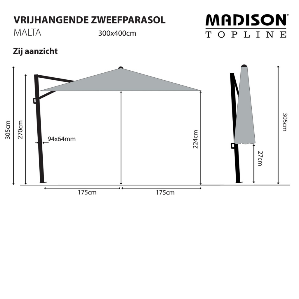 Hanging parasol Malta 300×400 Left/right tilt ecru grade 6